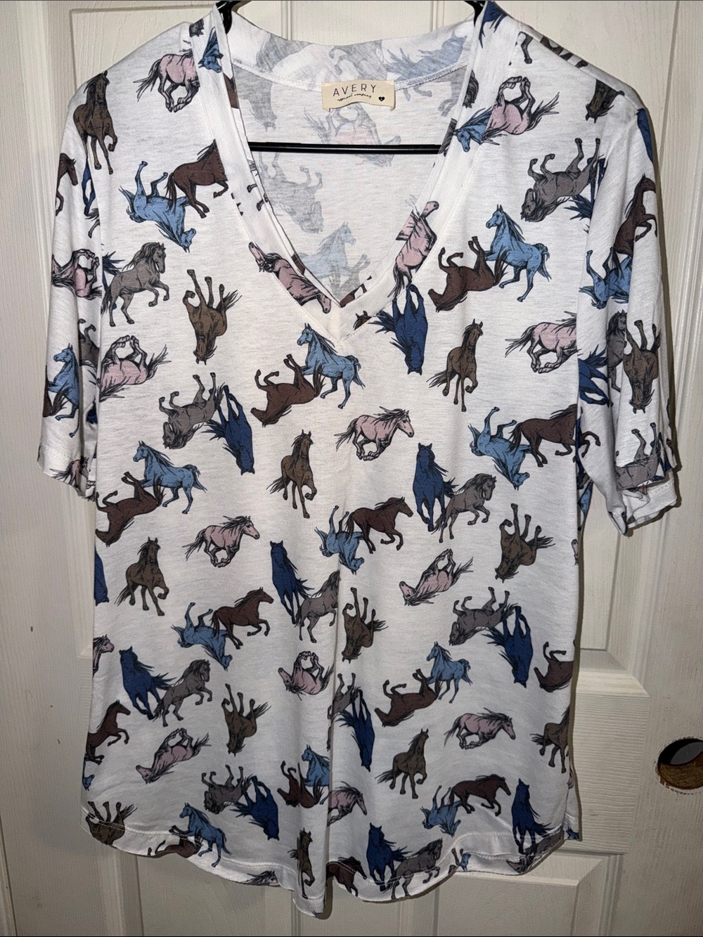 Avery White V-Neck Top with Blue, Pink and Brown Horse Print